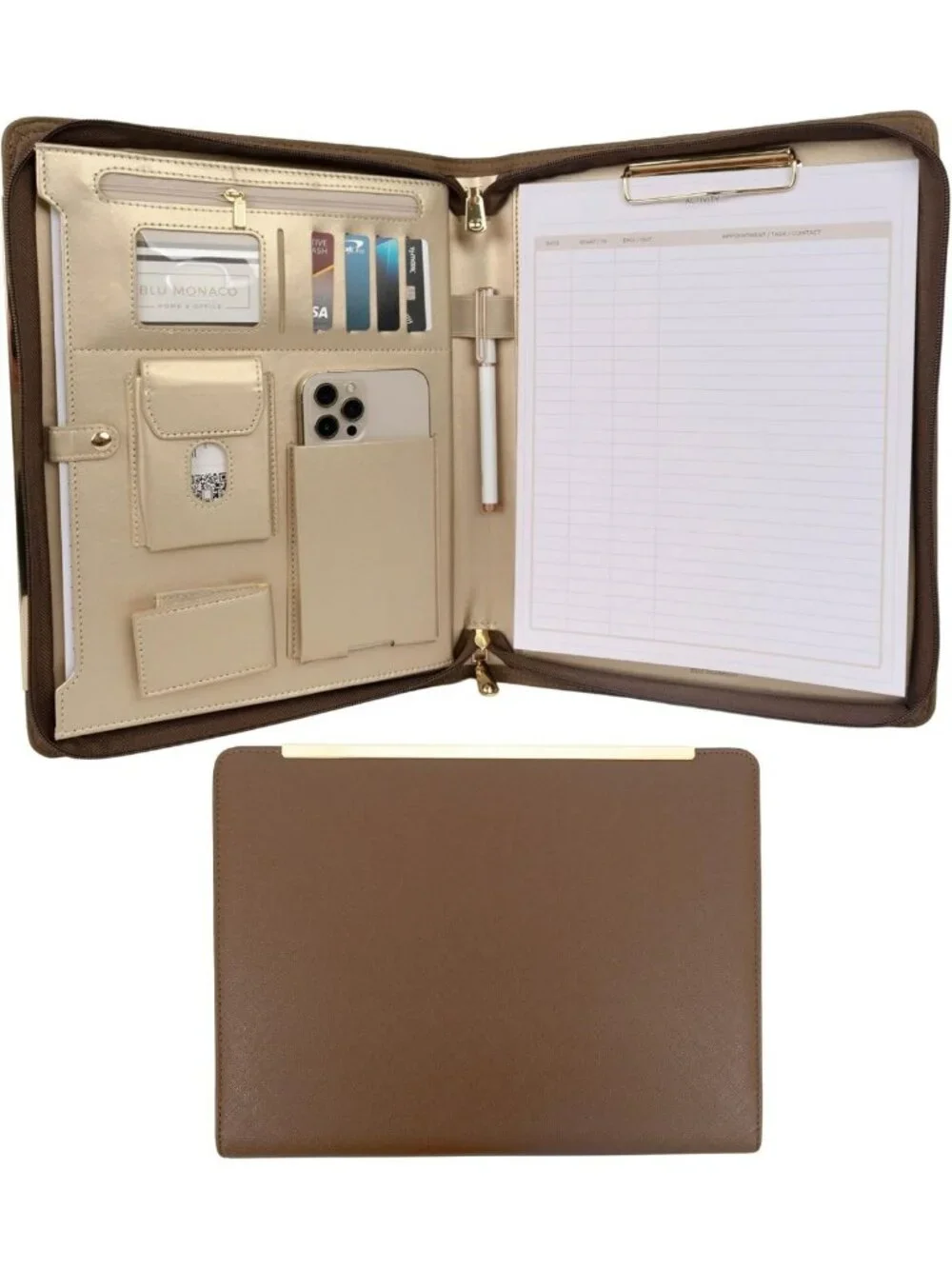 Brown Vegan Leather Padfolio | Zippered Work Organizer Binder | Professional